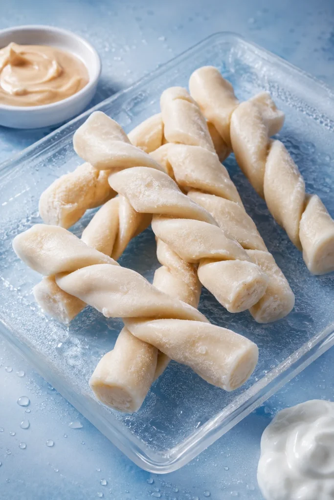 Frozen no-bake peanut butter dog twists treat on tray