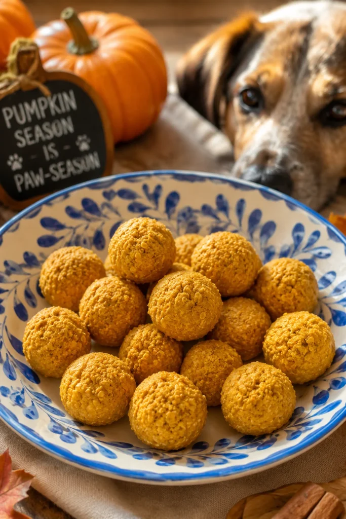 Pumpkin dog treats easy no bake oat bites in bowl