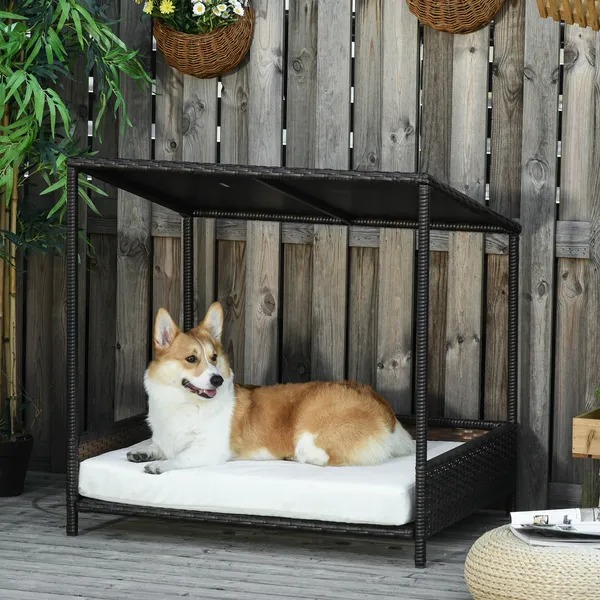 Outdoor raised dog bed with wicker frame and shade canopy