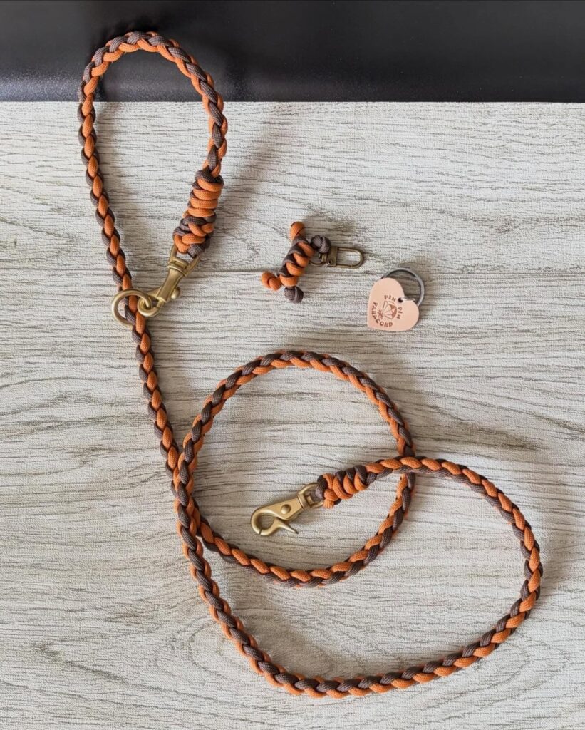 Braided paracord leash and bracelet set flat lay