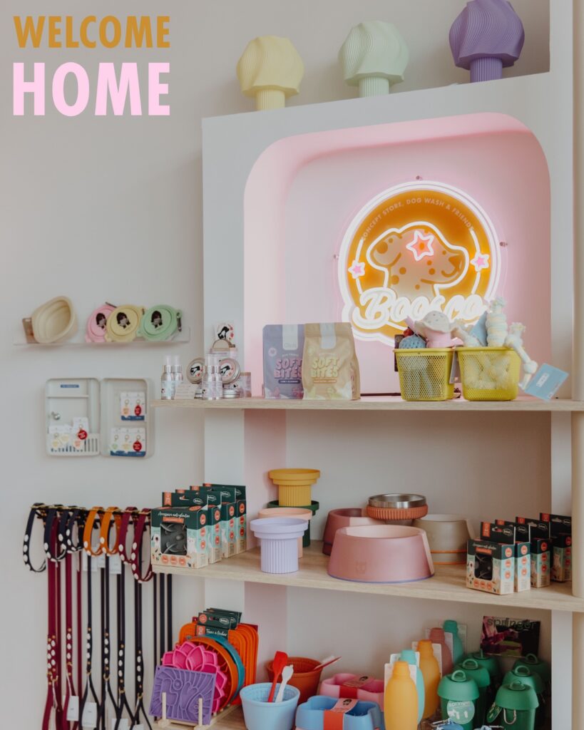 Pastel-themed dog boutique concept store interior
