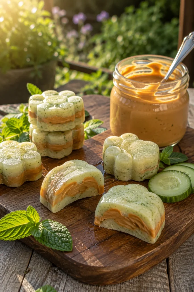 Frozen cucumber dog treats swirled with peanut butter for extra protein