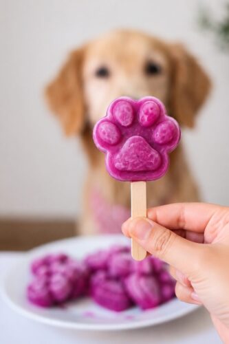 Paw-shaped dragon fruit and yogurt dog popsicles recipes idea on a plate