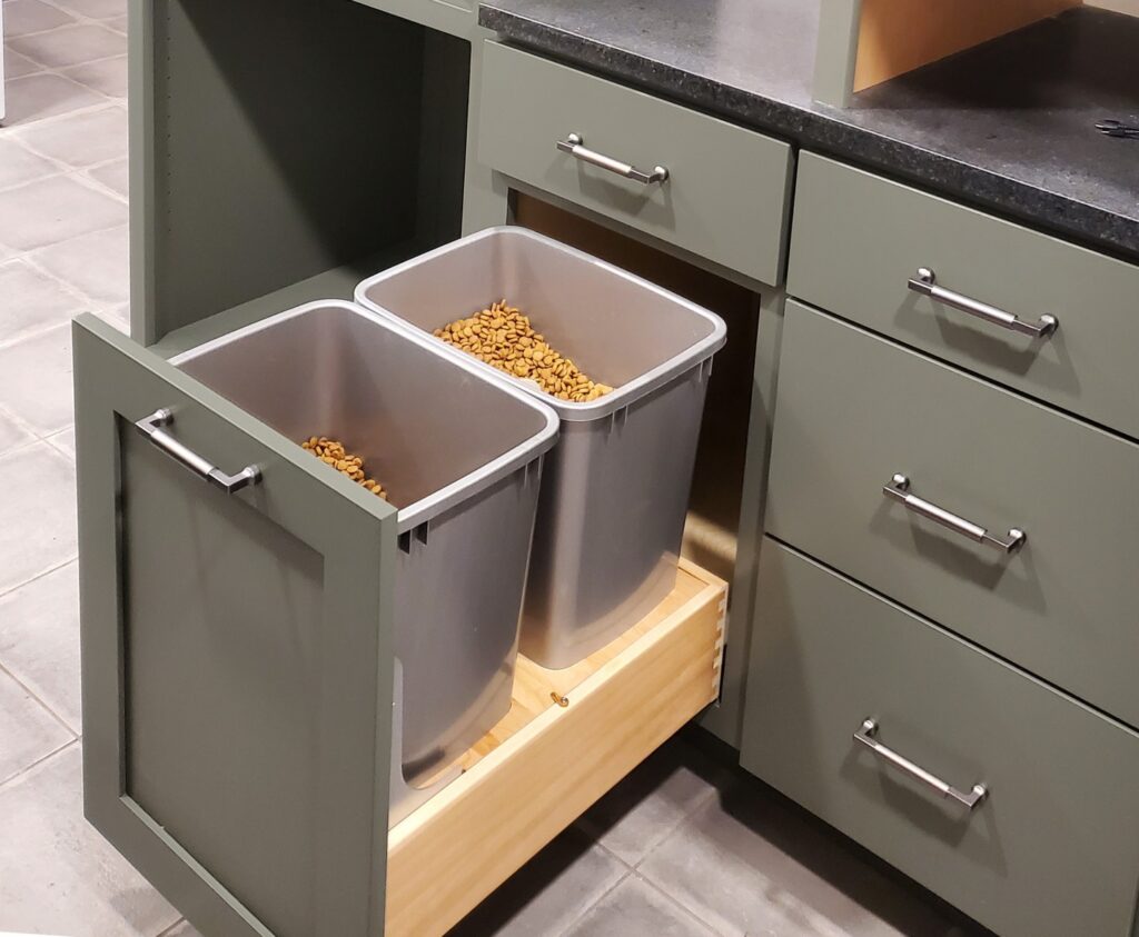Pull-out kitchen drawer for storing dog food and treats
