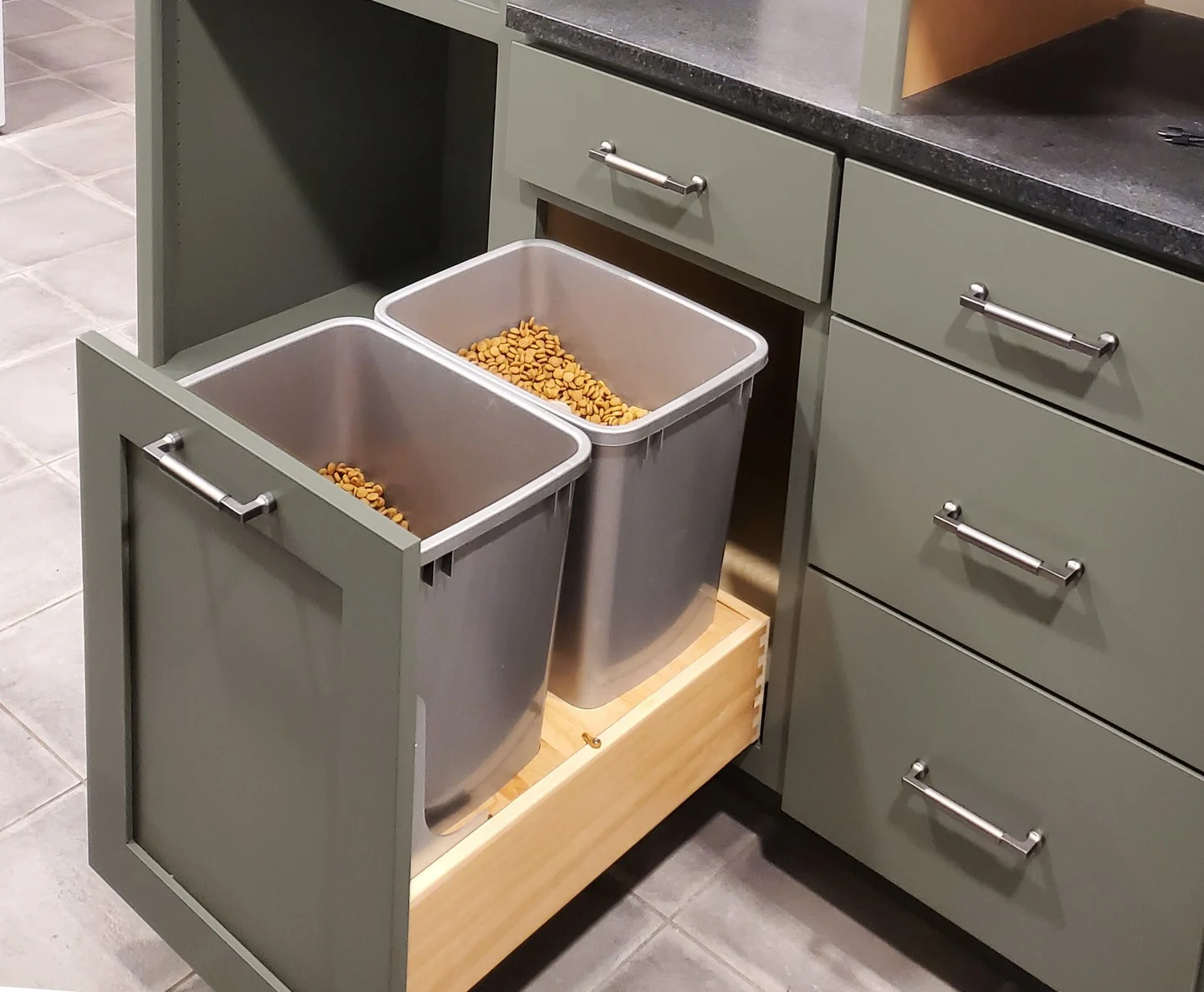 Pull-out kitchen drawer for storing dog food and treats