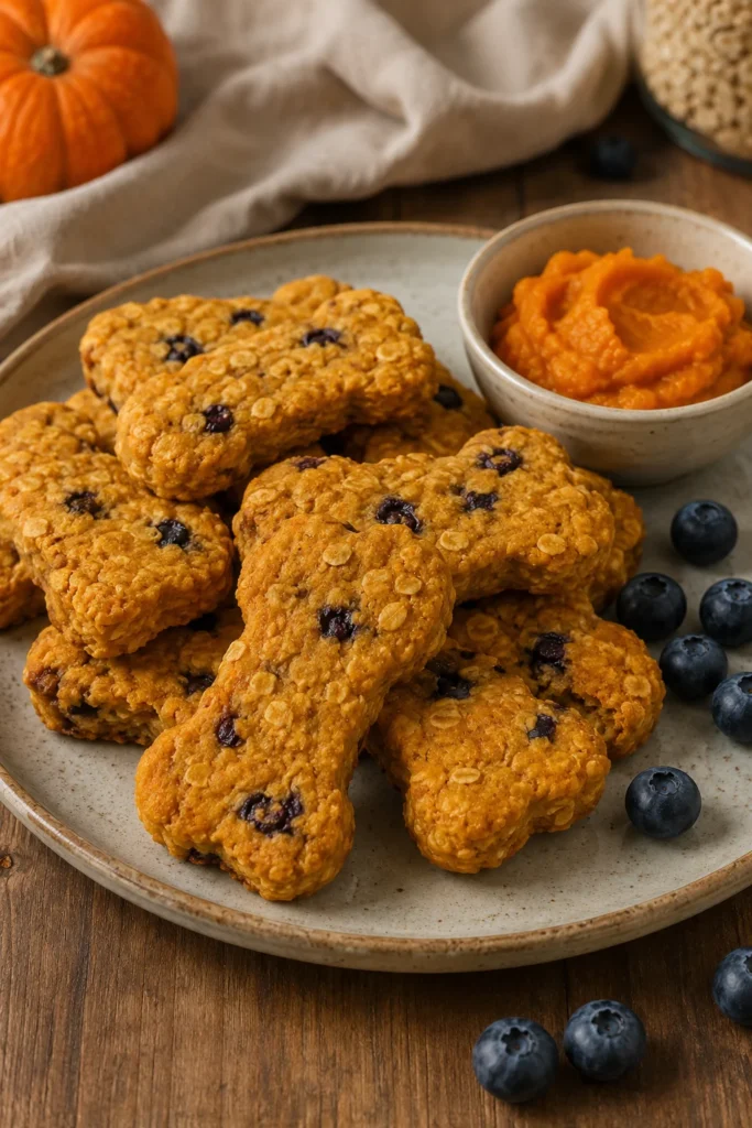 Healthy pumpkin blueberry oat dog treat bones on plate