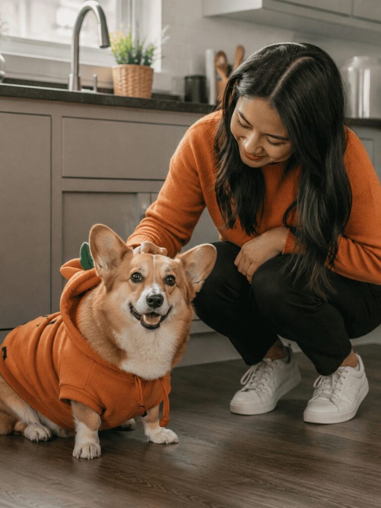 Pumpkin costume candid photo dog owner