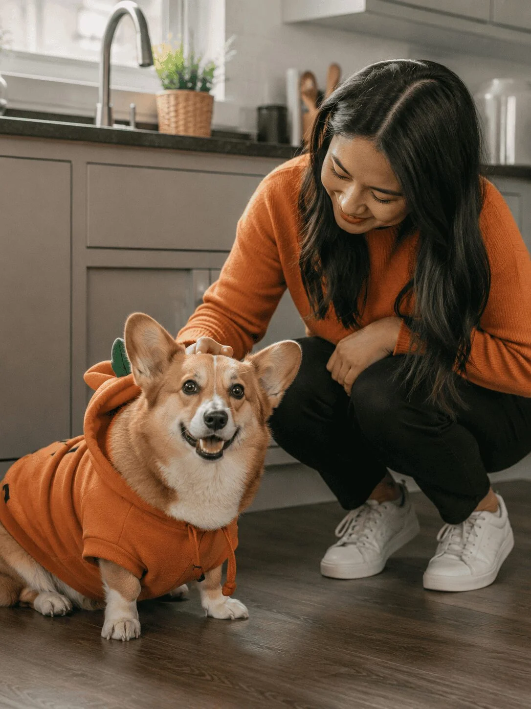 Pumpkin costume candid photo dog owner