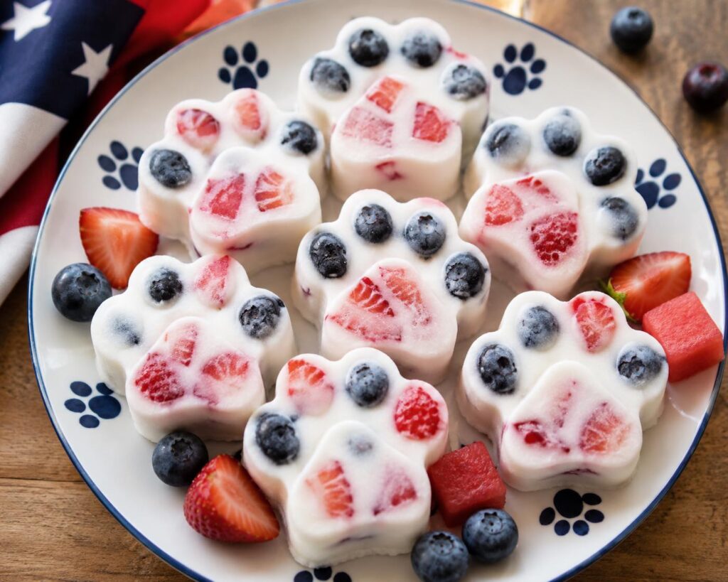 Fourth of July frozen dog treats made with watermelon, strawberries, blueberries and yogurt