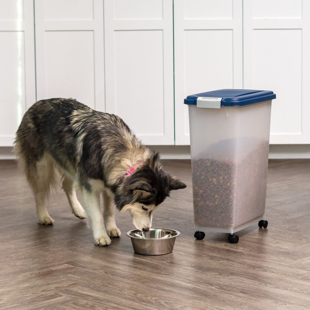 Wheeled airtight container with flip lid for dog food