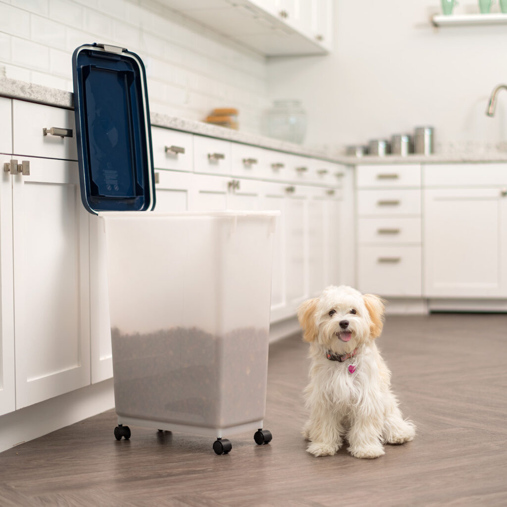 Rolling dog food storage idea beside eating dog