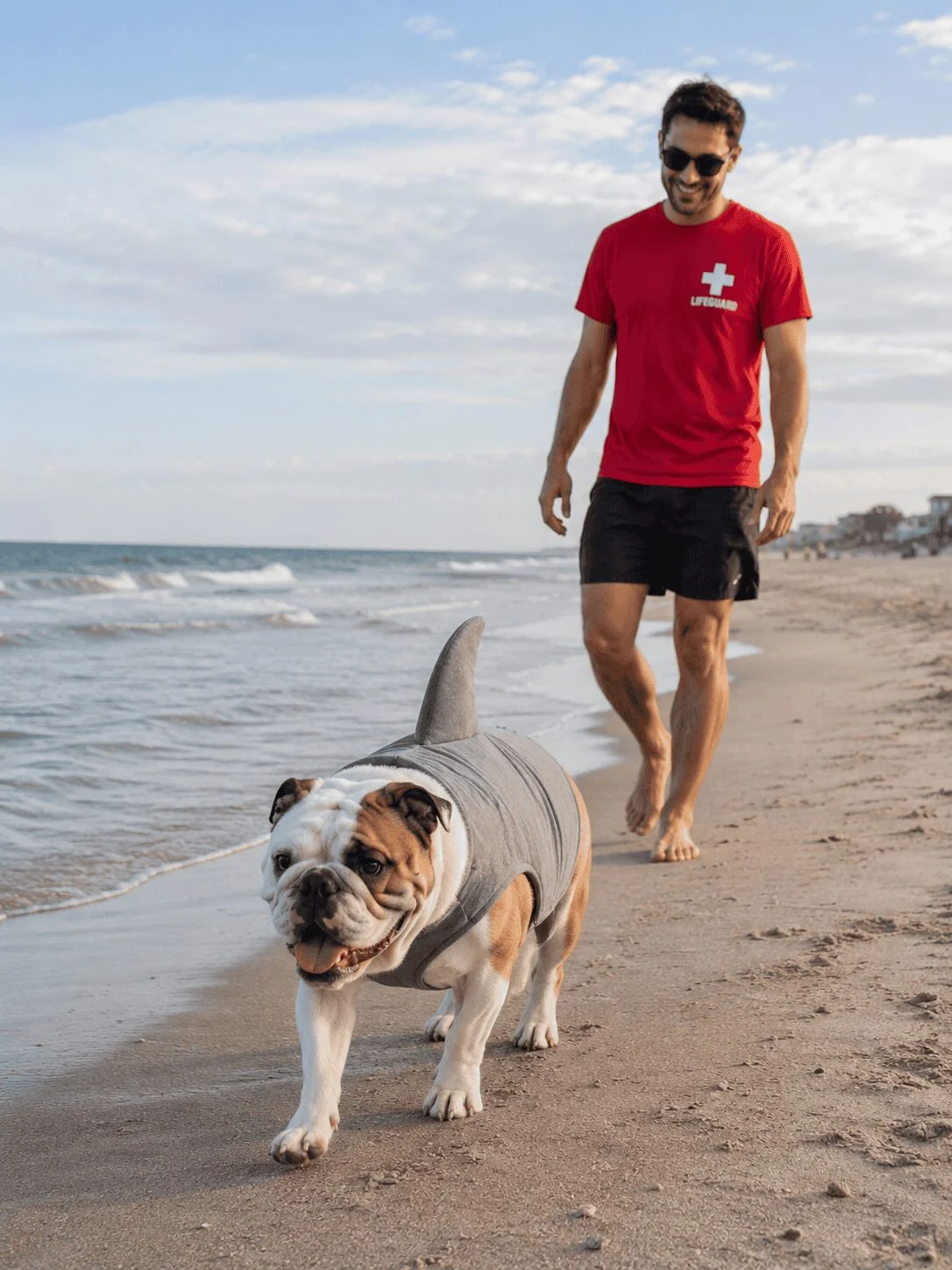 Shark costume candid photo dog beach