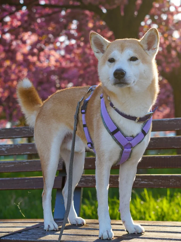 Shiba Inu dog wearing purple step in Y front harness outdoors