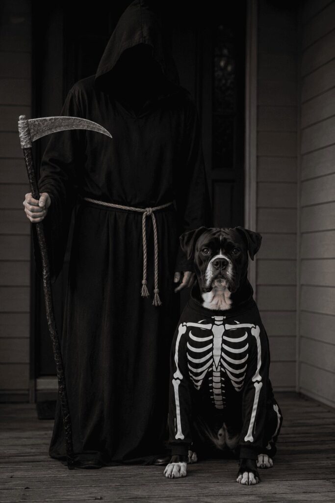 Skeleton costume detail photo dog owner