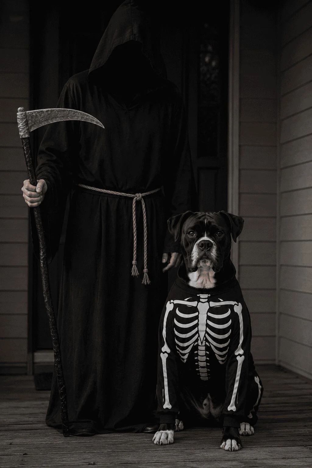 Skeleton costume detail photo dog owner