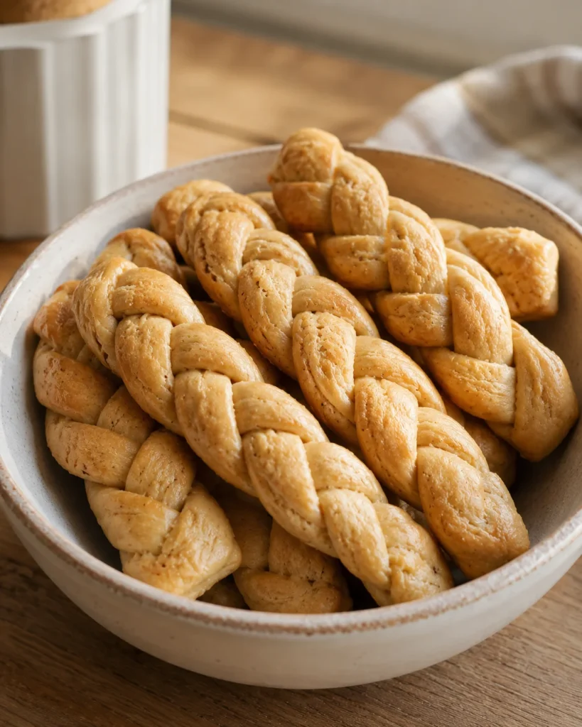 Soft braided peanut butter dog twists recipe in bowl