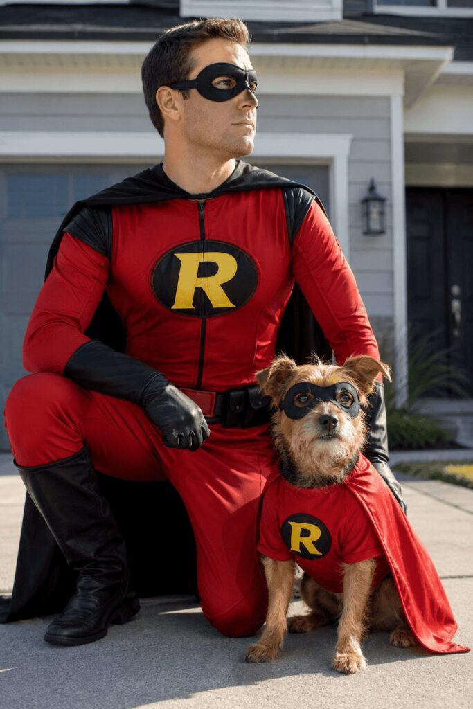 Superhero costume detail photo dog owner