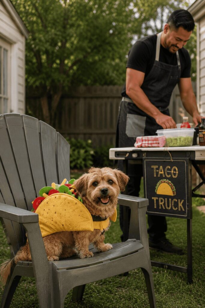 Taco costume candid photo dog