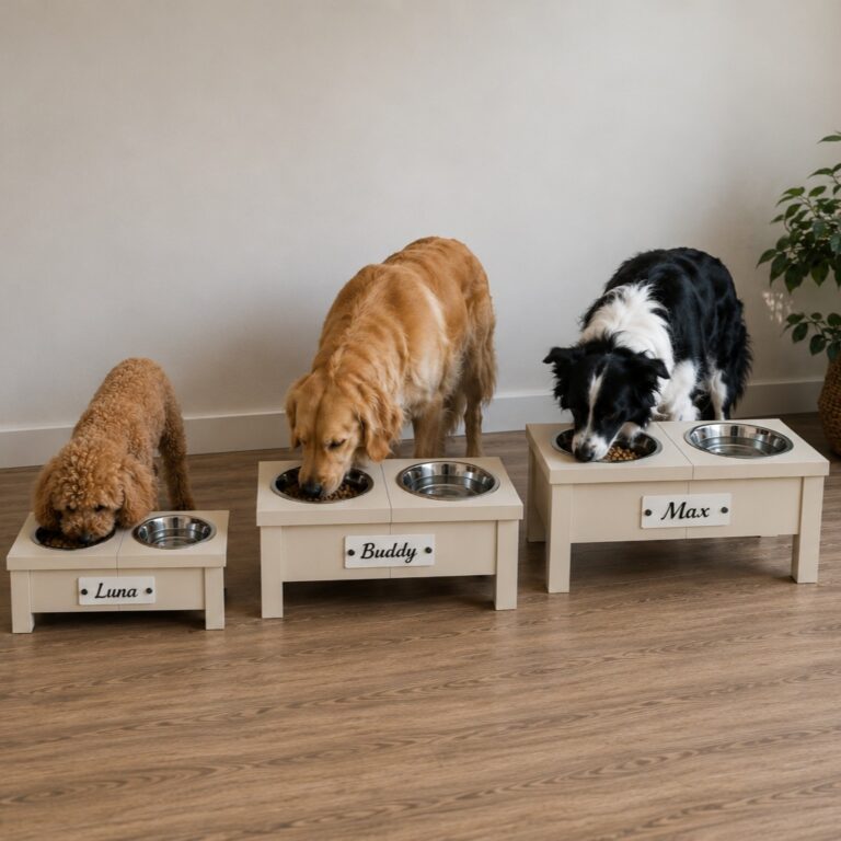 Three dogs eating from matching sized dog bowl stands