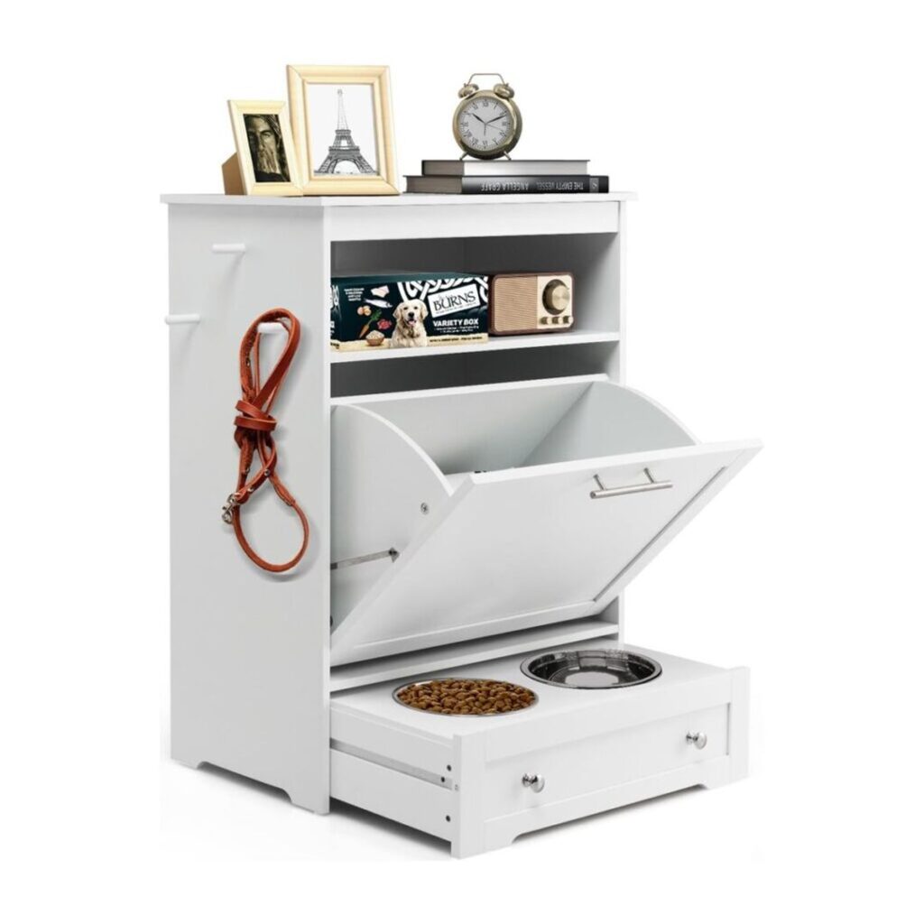 Tilt-out storage cabinet with dog feeding bowls
