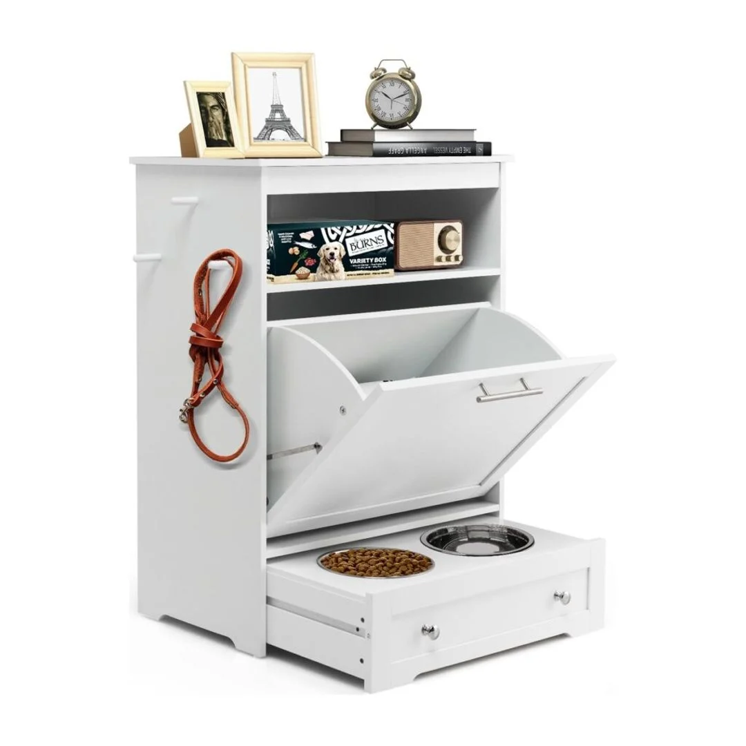 Tilt-out storage cabinet with dog feeding bowls