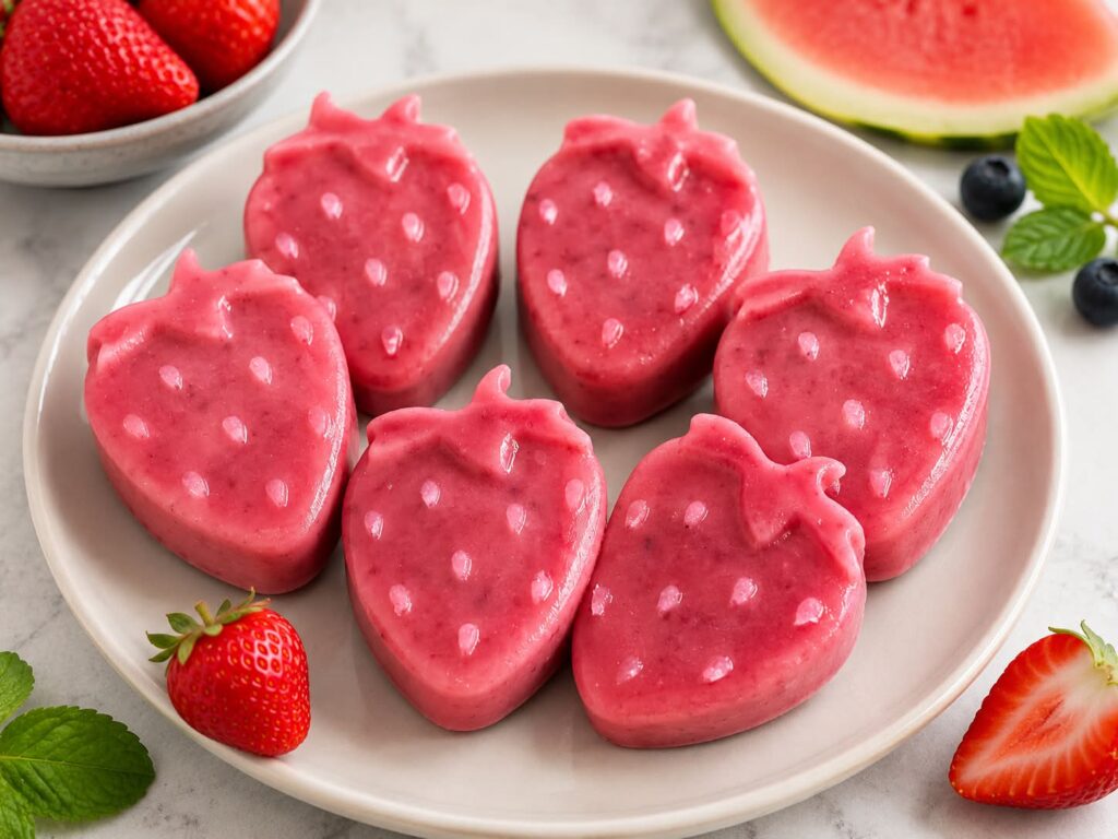 Strawberry shaped frozen dog treats with fresh berries and watermelon