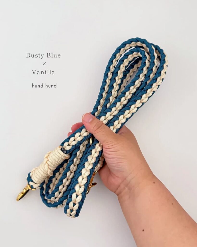 Two tone herringbone braid leash in dusty blue colorway