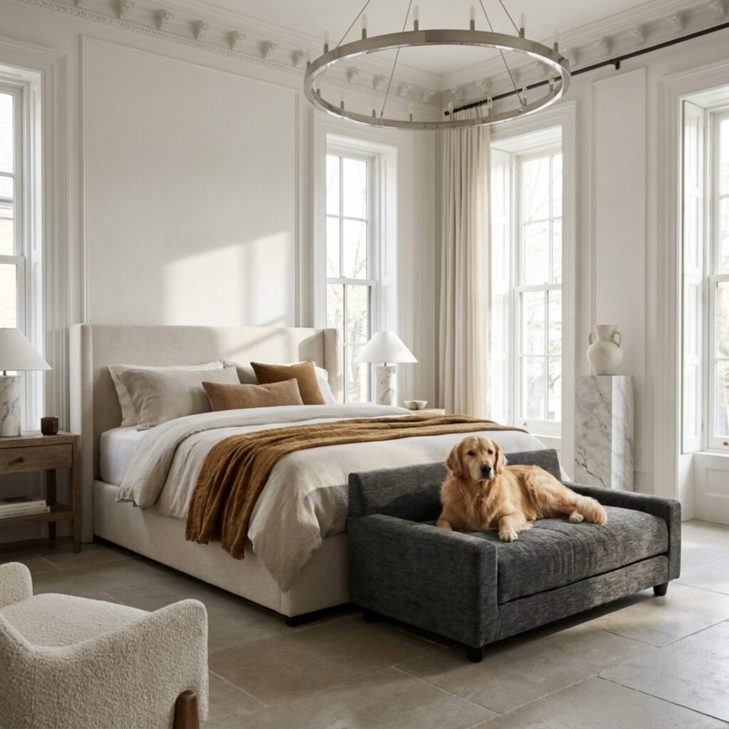 Matching upholstered chaise bench extension for dogs in luxury bedroom