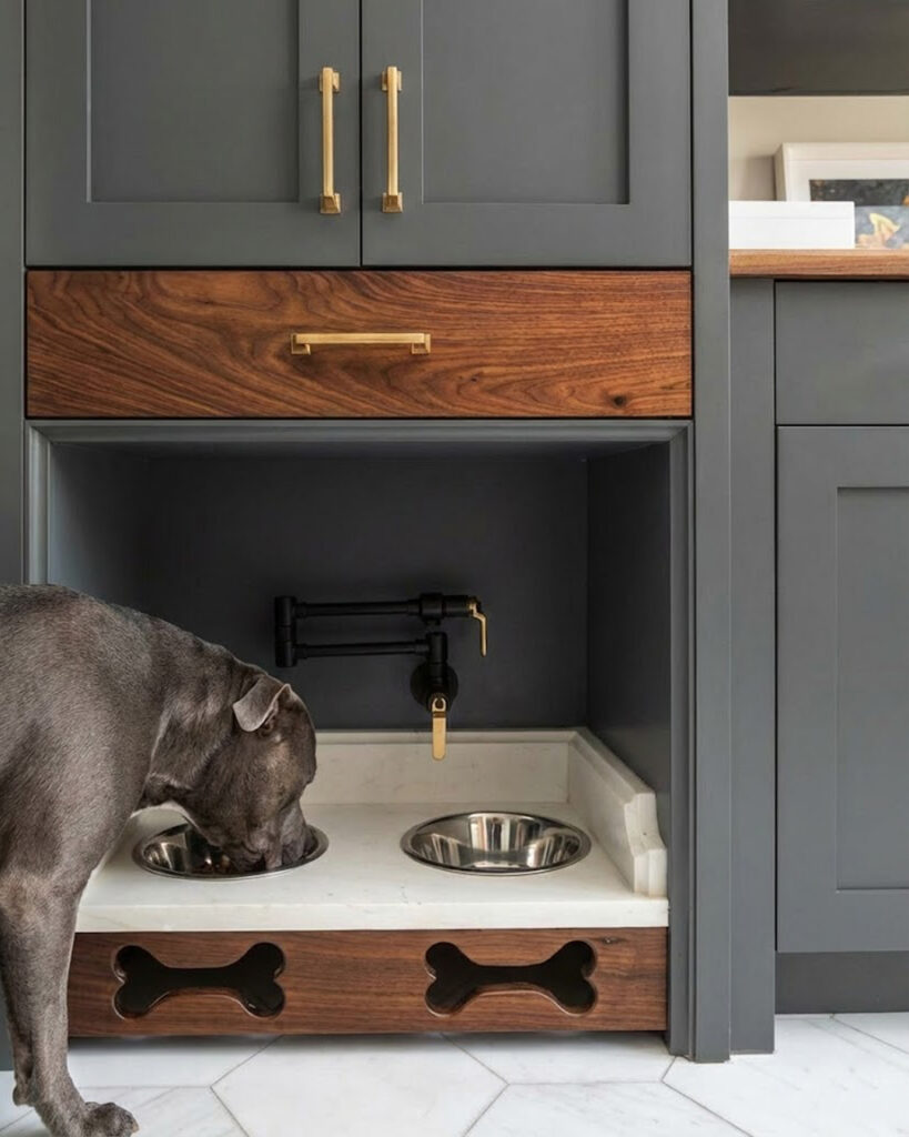 Walnut dog bowl stand nook with bone cutout drawer front