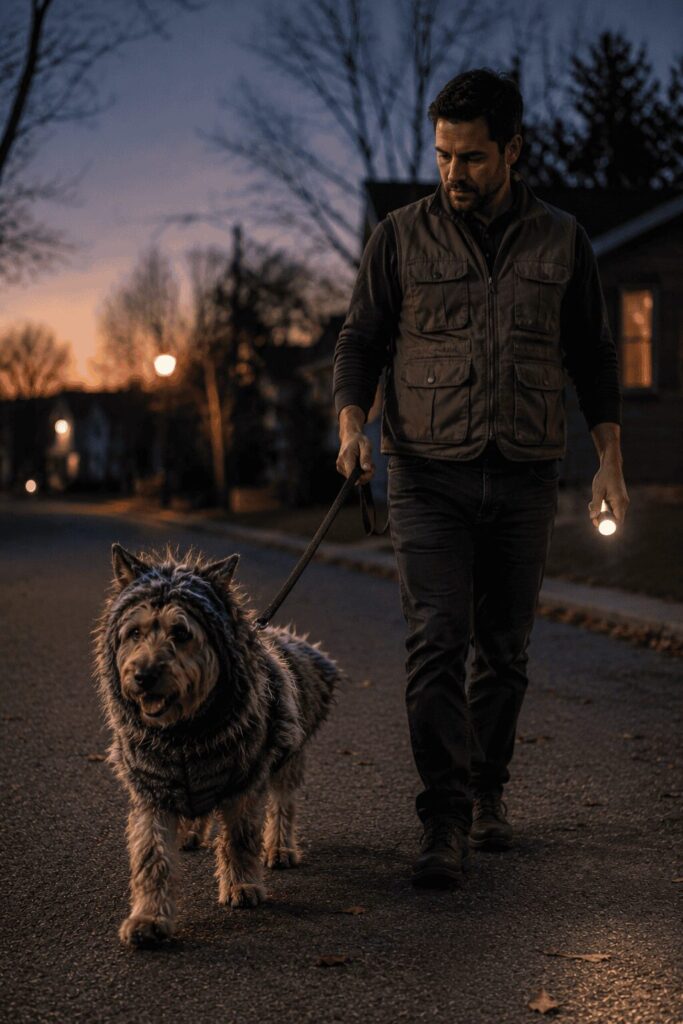 Werewolf costume candid photo dog owner