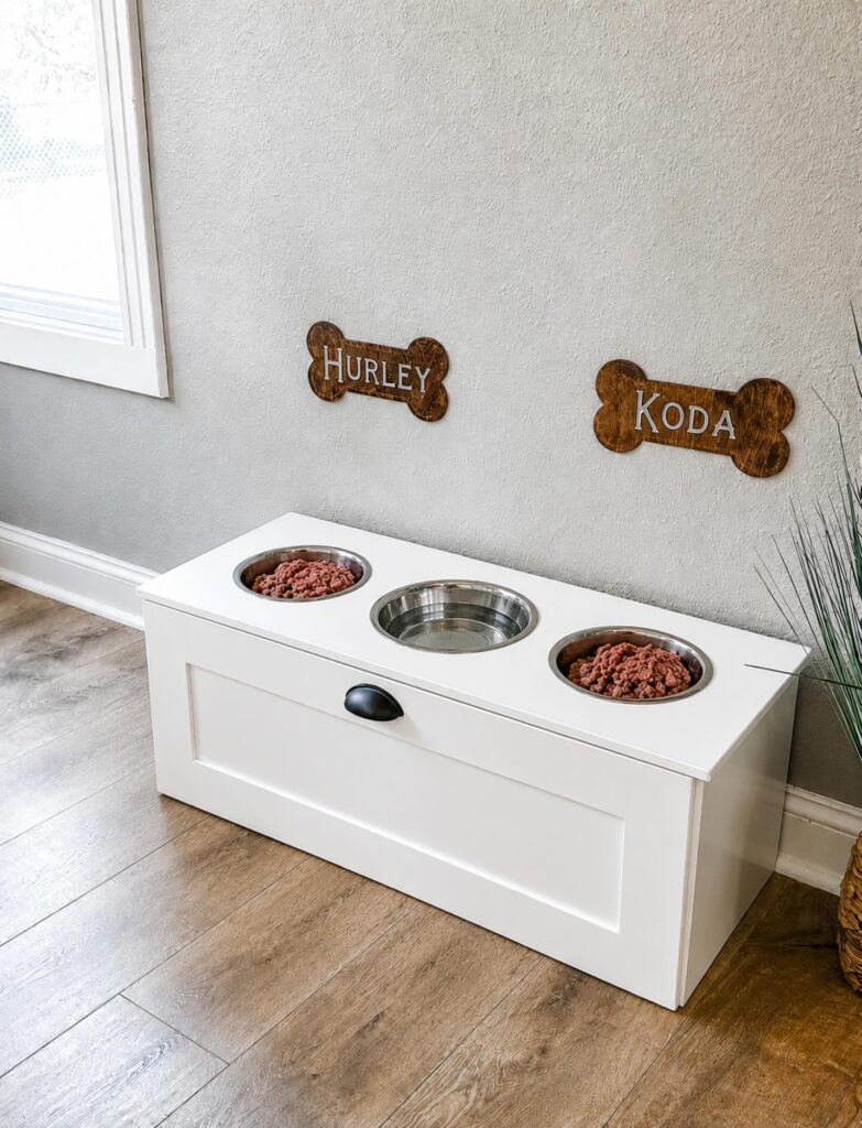 White wooden dog bowl stand with three bowls and name signs