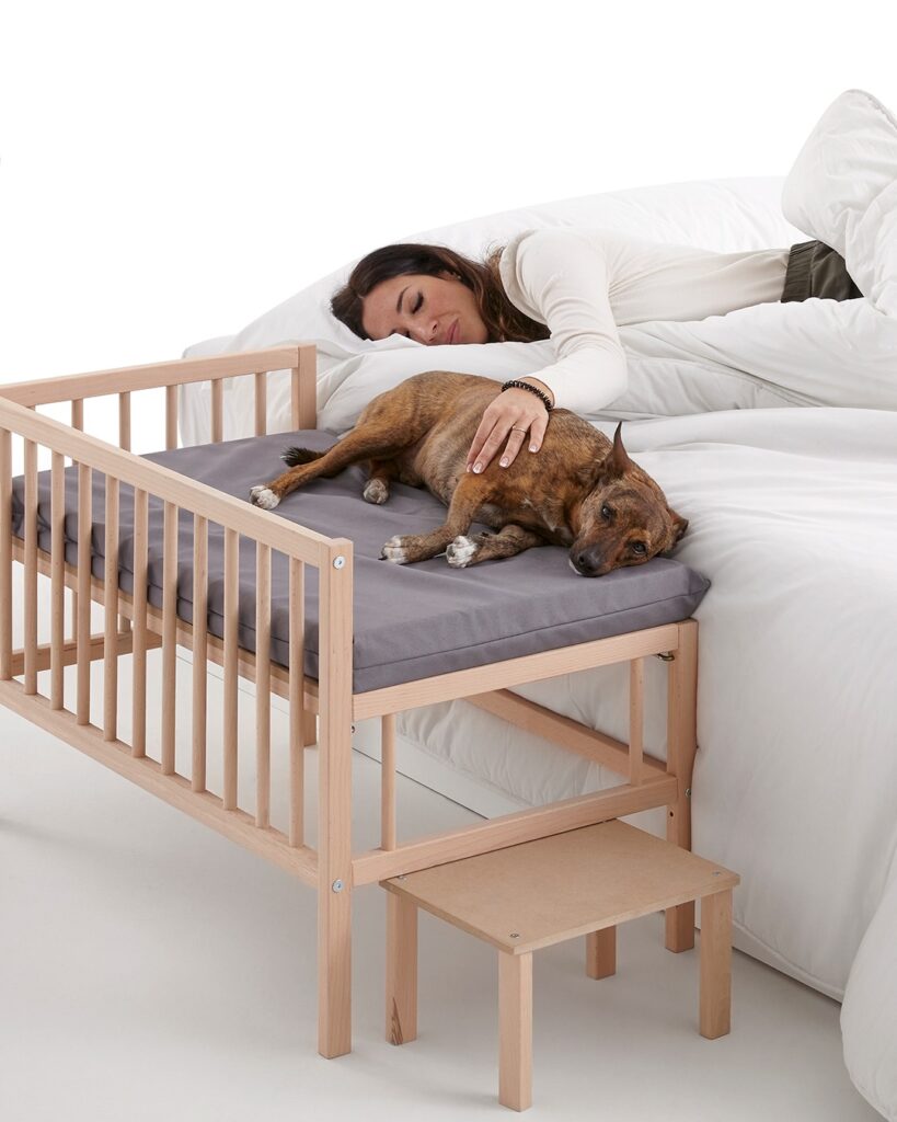 Side attached wood slat bed extension idea for dogs with step stool