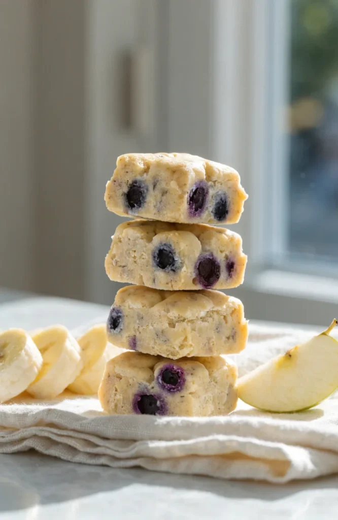 Applesauce banana blueberry oat dog treats stacked on napkin