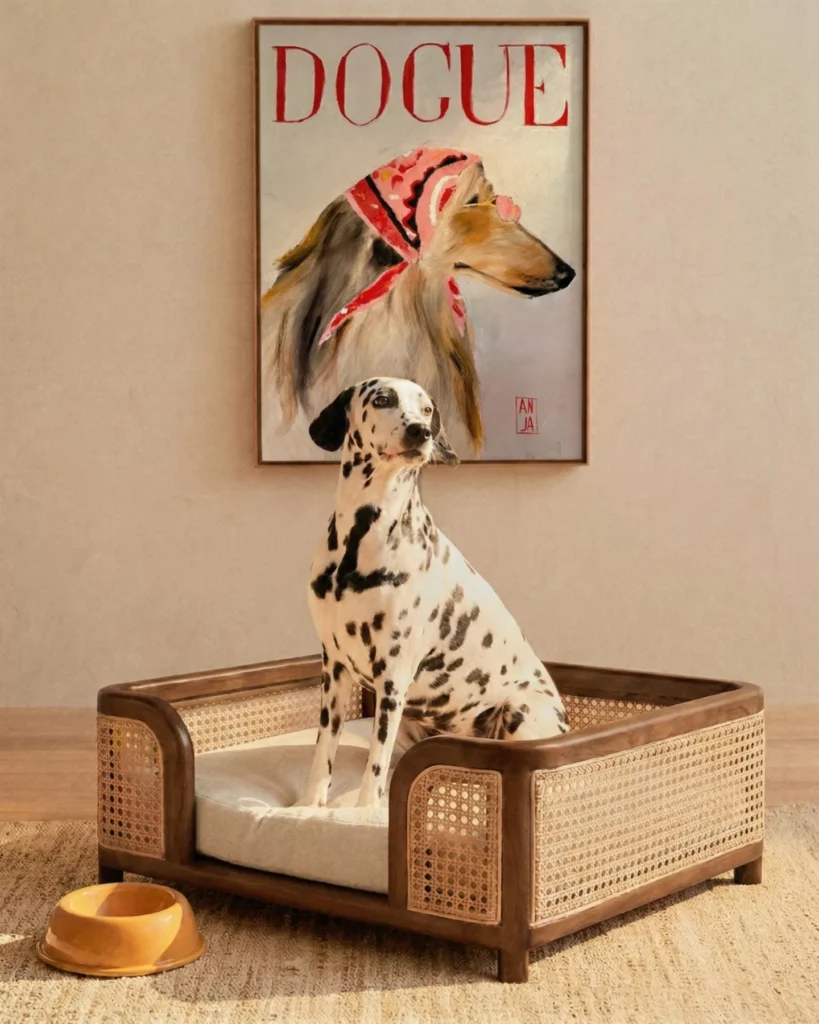 Boxy cane sofa style wood dog bed with wood corner posts