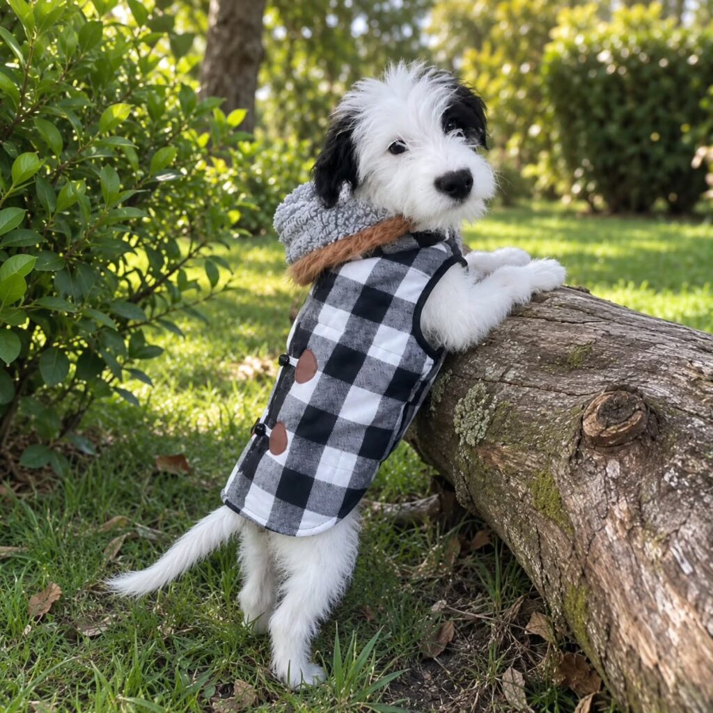 No-sew dog vest with buffalo plaid and faux fur collar