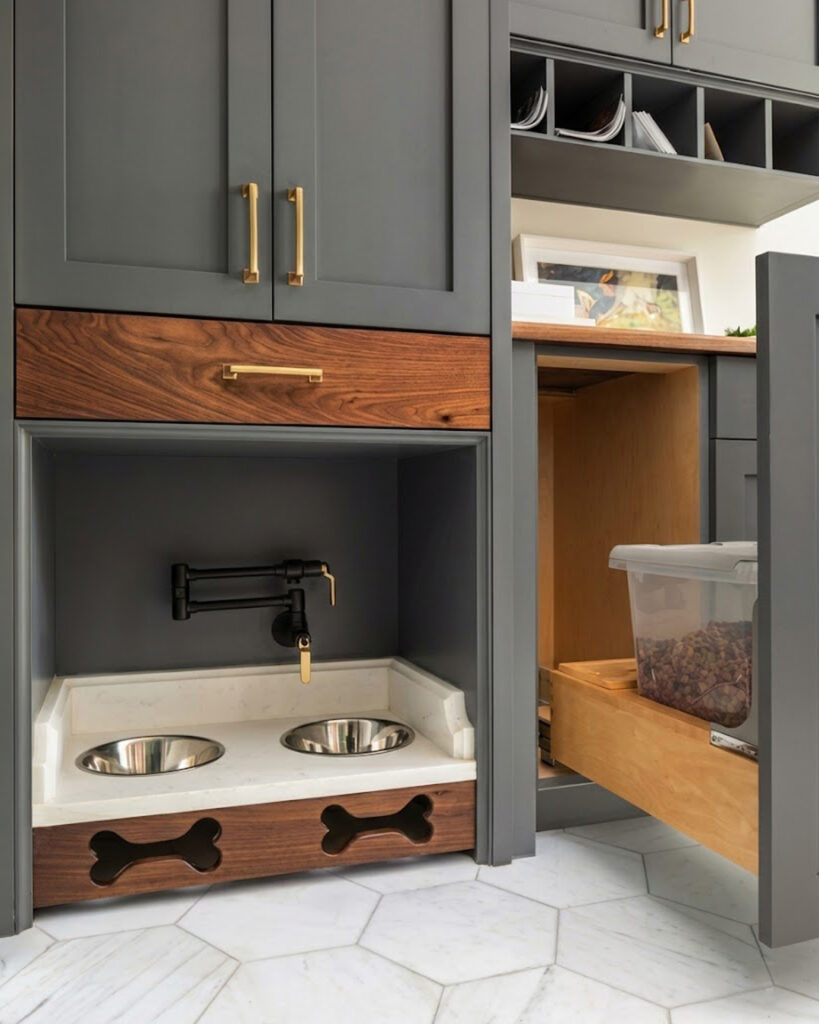 Built in cabinetry dog feeding nook with marble tray
