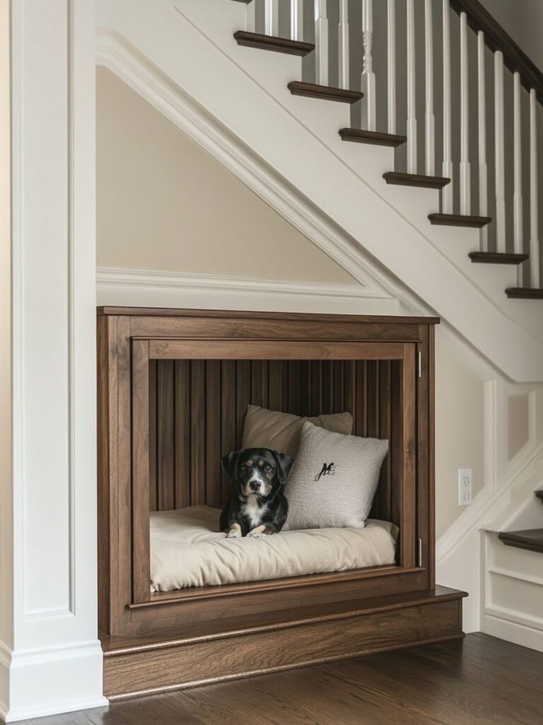 Built in stair nook wood dog bed idea for hallway