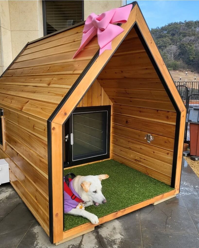 Cedar A-frame wooden dog house with decorative bow