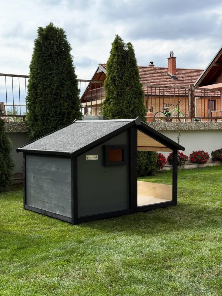 Charcoal wooden dog house with covered porch and nameplate