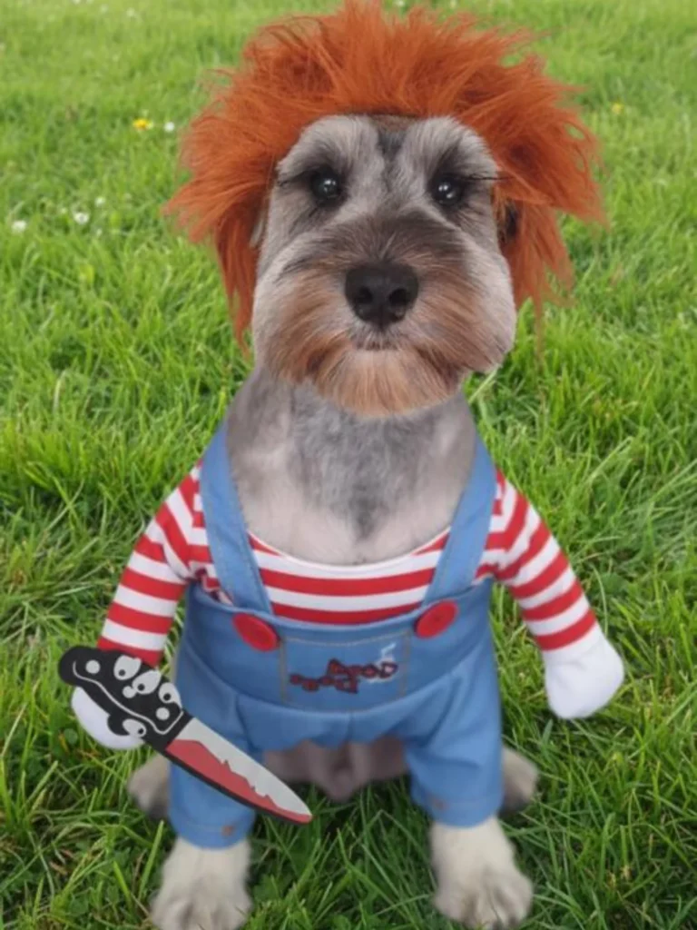 Dog dressed as Chucky doll with toy knife prop