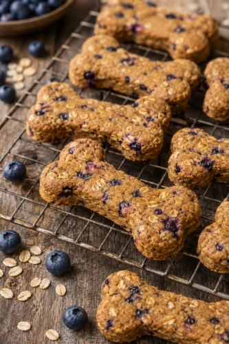 Blueberry Oat Crunchy Dog Treats cut into bone shapes on a wire rack