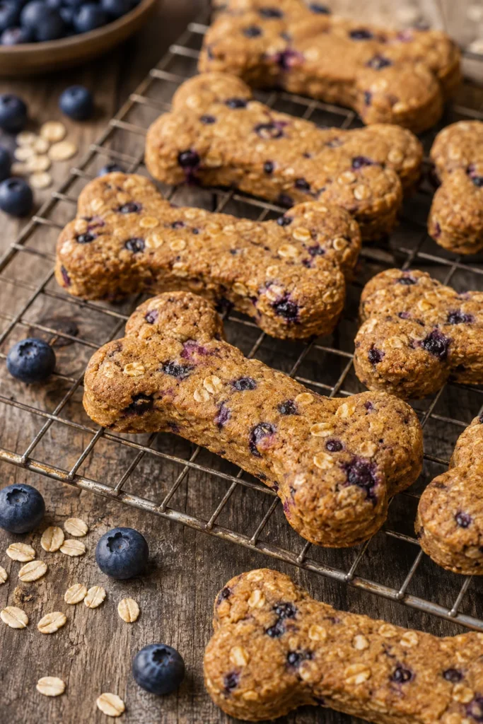 Blueberry Oat Crunchy Dog Treats cut into bone shapes on a wire rack