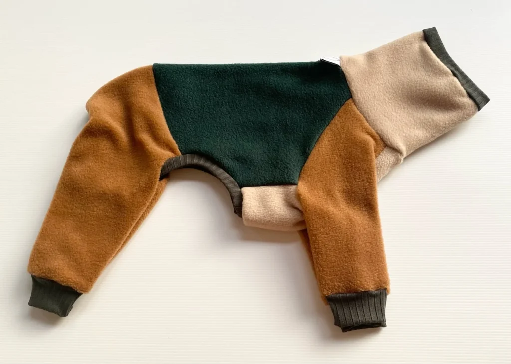 No-sew dog sweater onesie with colorblock fleece design