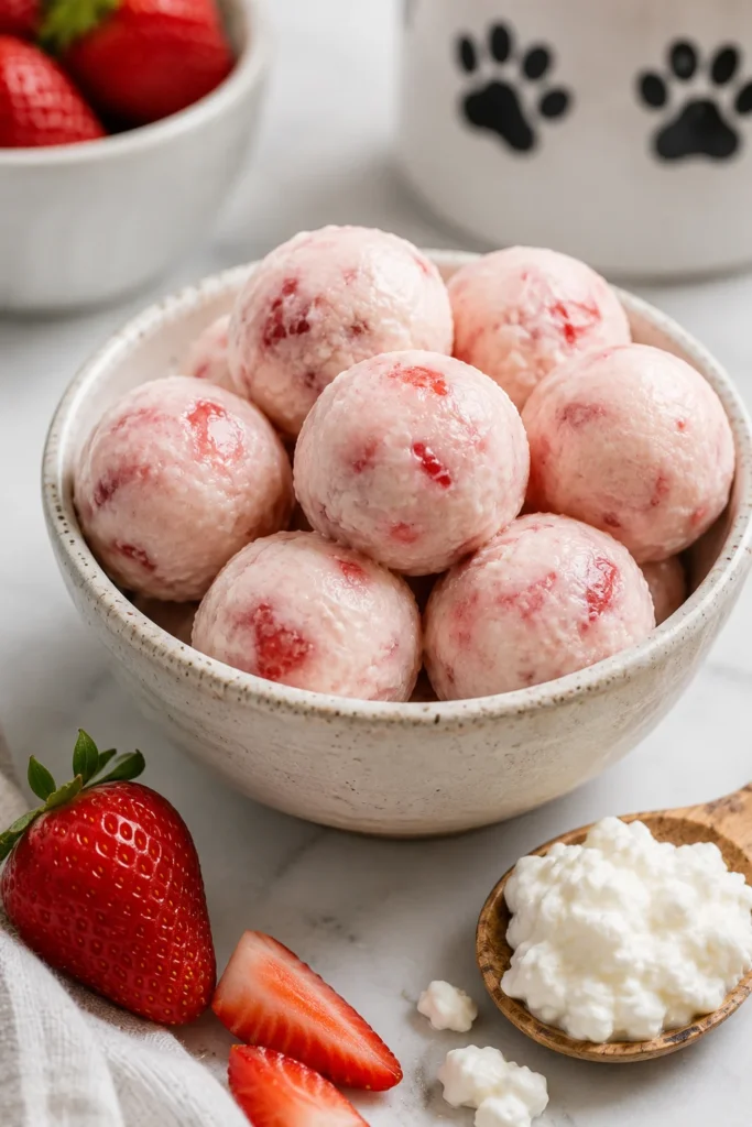 Cottage cheese frozen strawberry banana treat balls for dogs