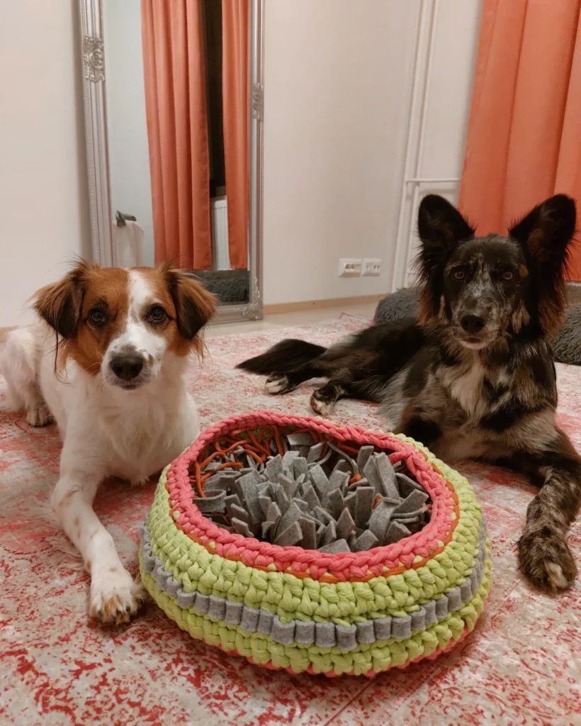 Crochet snuffle bowl for dog enrichment