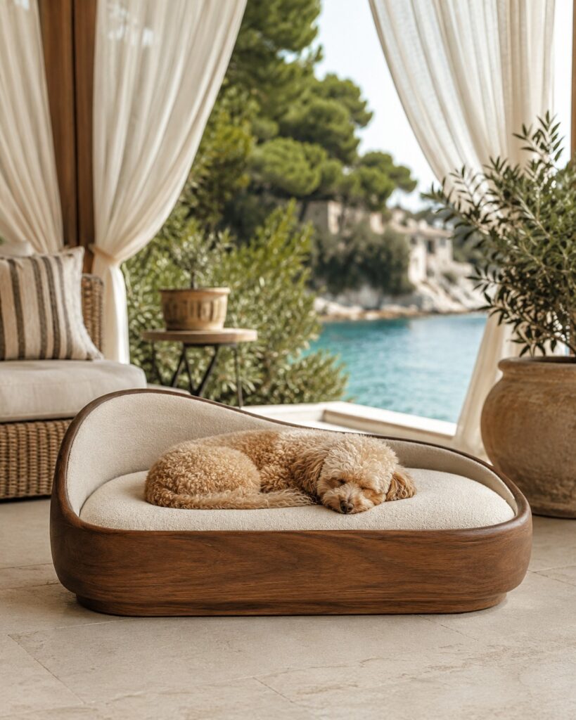 Sculptural curved wood dog bed idea on a coastal patio