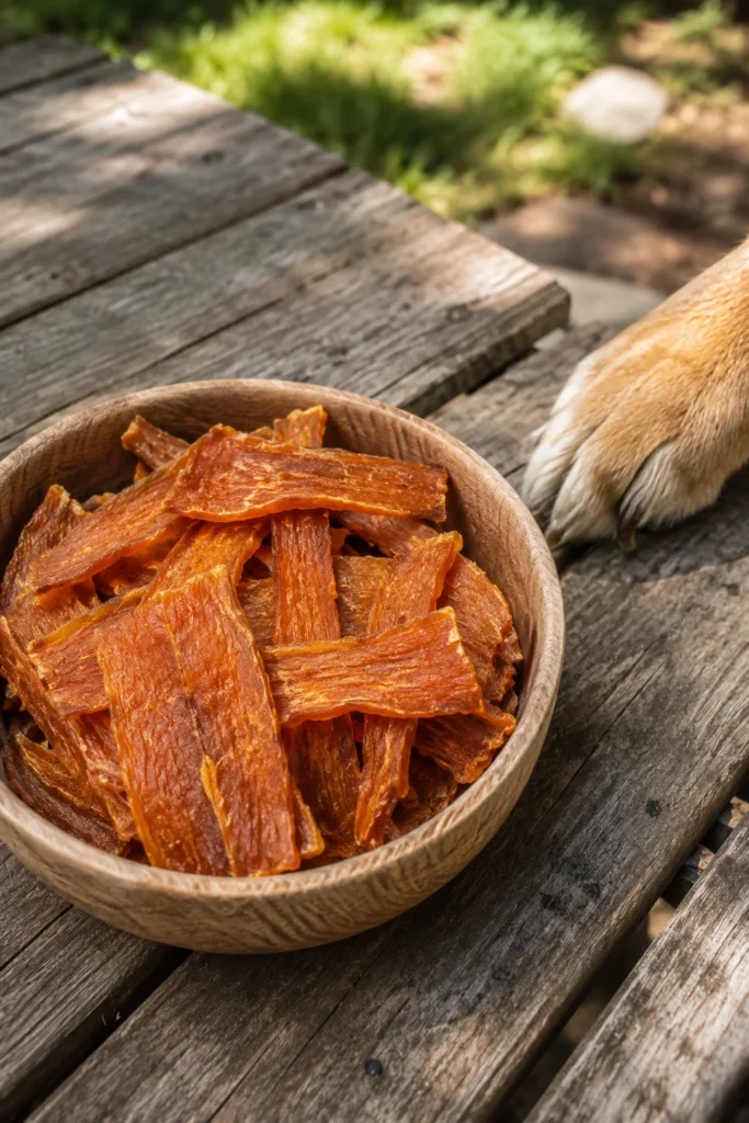 Dehydrated sweet potato dog chews served in a bowl