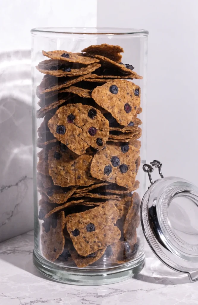 Crunchy dehydrated blueberry oat dog treats stacked in jar