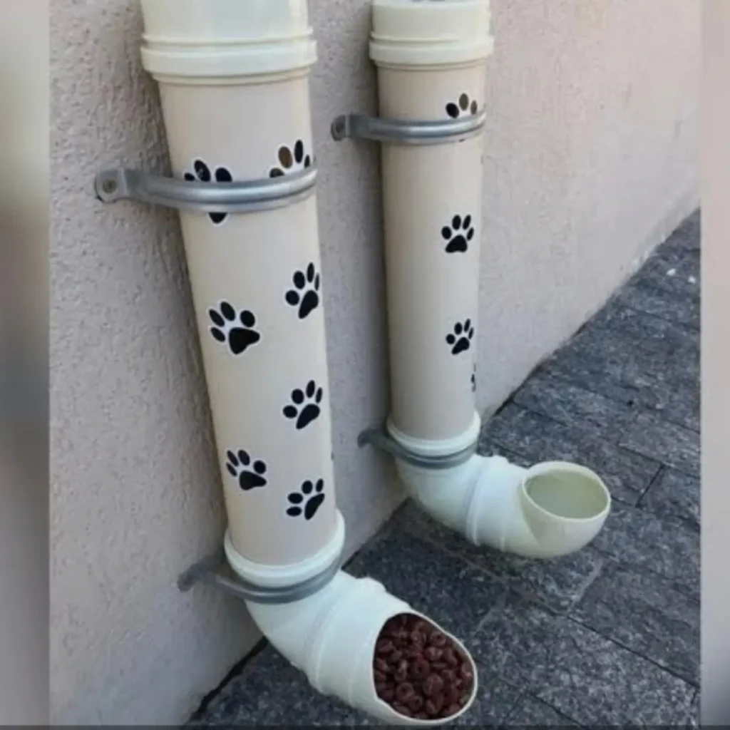 DIY dog feeder idea with cream PVC pipe design