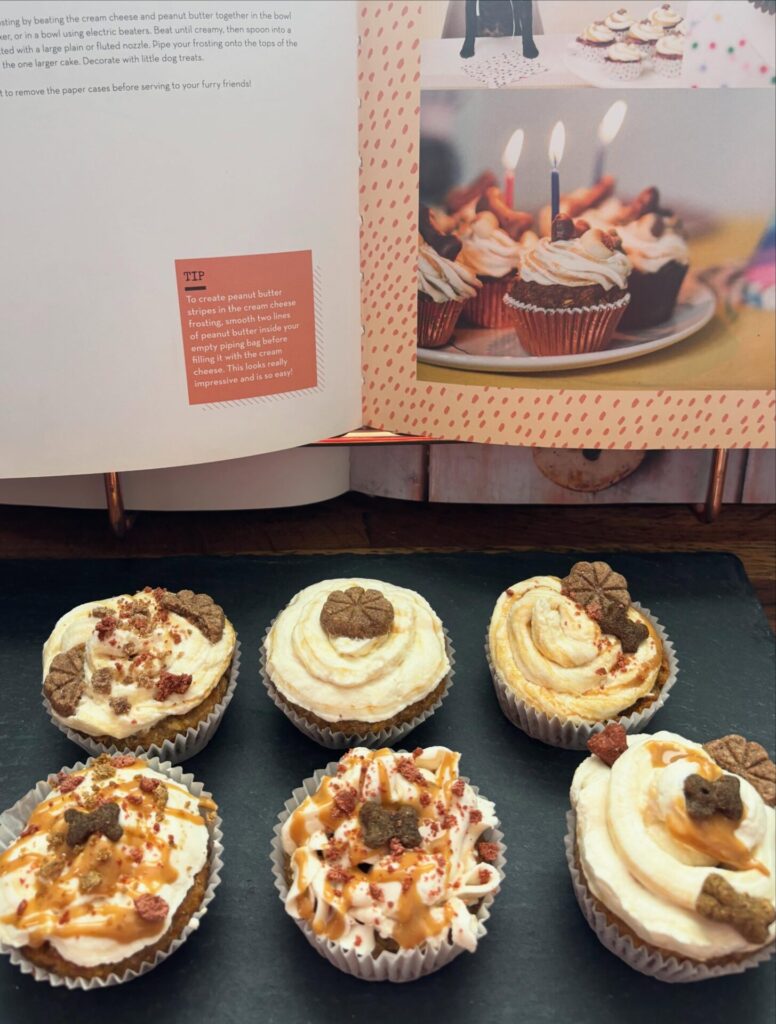 Dog birthday cupcakes recipe with carrot banana base and peanut butter frosting